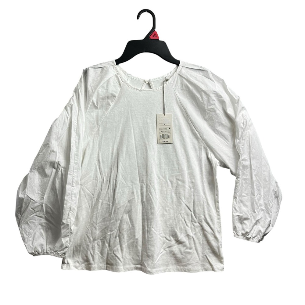 A New Day Crisp White Cotton Popover Blouse Top Soft Tee Body Puff Sleeve Small